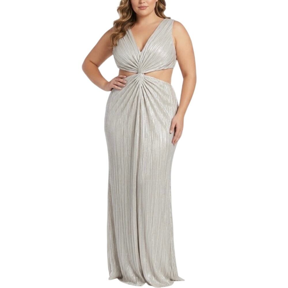 AQUA Metallic Cut Out Thigh Slit Long Evening Gown Gold and Silver Size XL 18